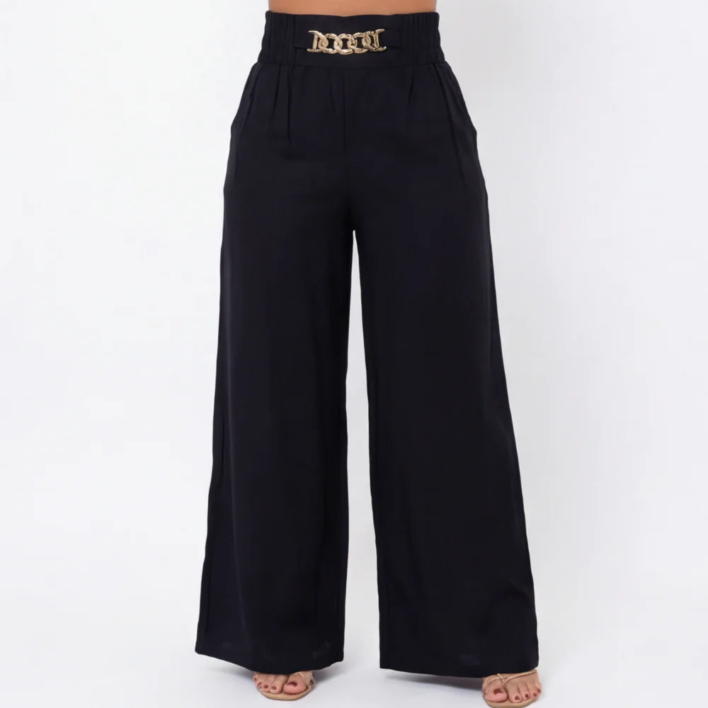 Zela Roma Eleganza  – High Waist Wide Leg Trousers with Chain Accent