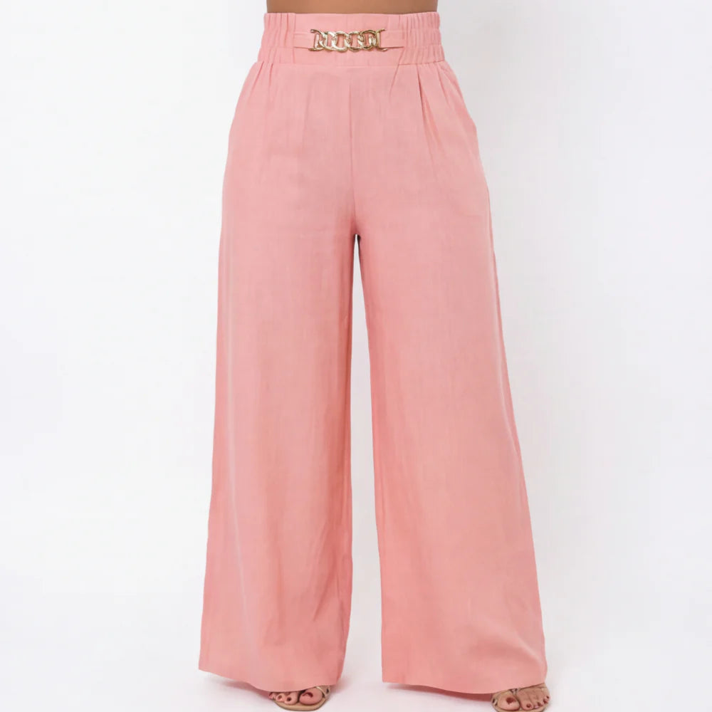 Zela Roma Eleganza  – High Waist Wide Leg Trousers with Chain Accent