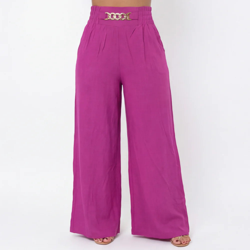 Zela Roma Eleganza  – High Waist Wide Leg Trousers with Chain Accent