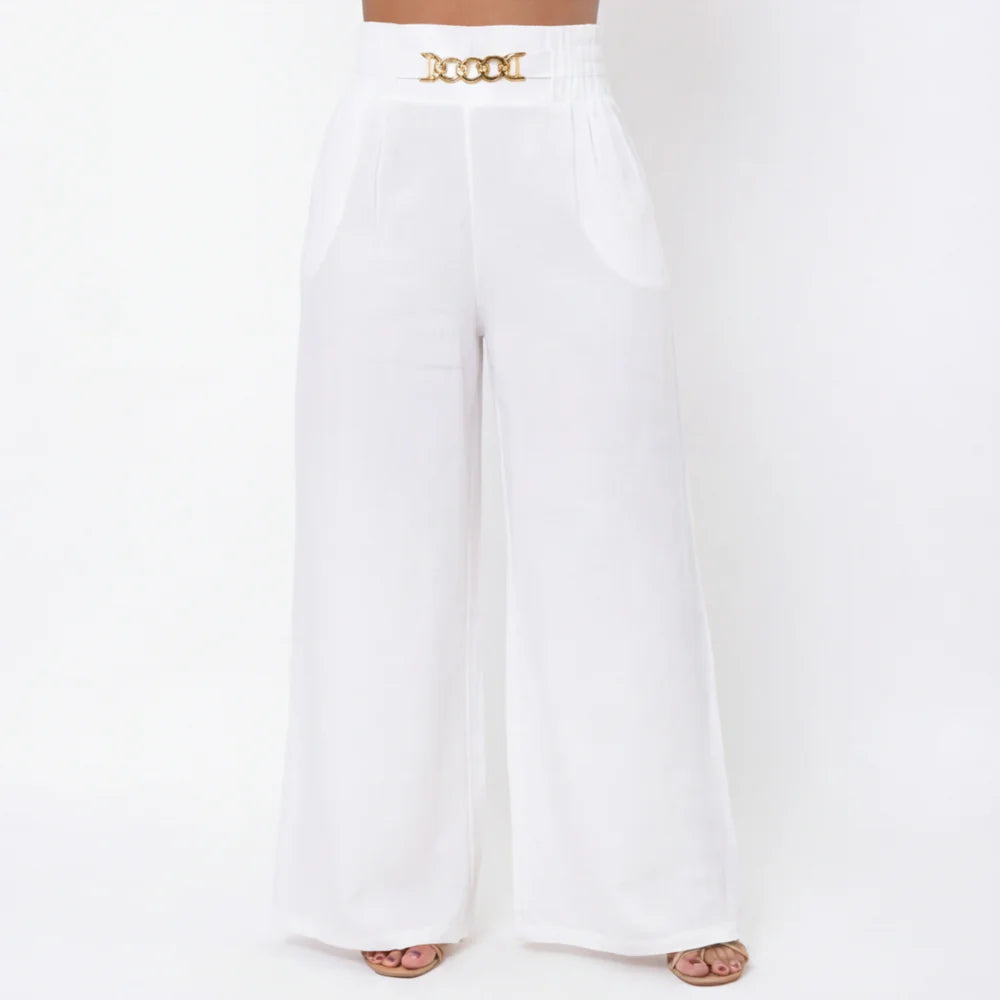 Zela Roma Eleganza  – High Waist Wide Leg Trousers with Chain Accent