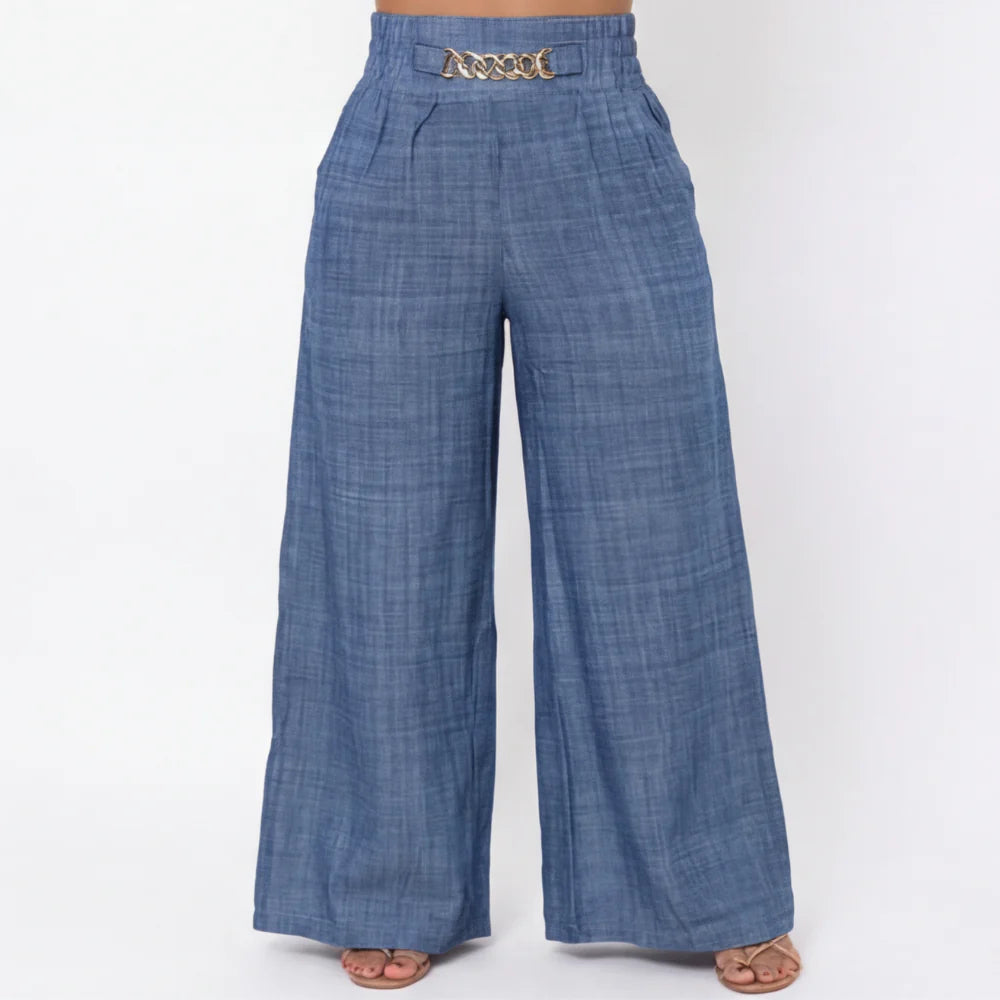 Zela Roma Eleganza  – High Waist Wide Leg Trousers with Chain Accent